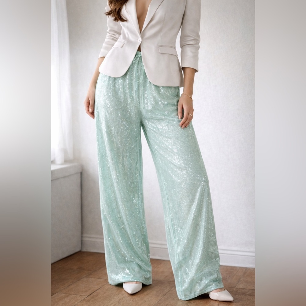 Mint Sequin‎ Wide-Leg Pants